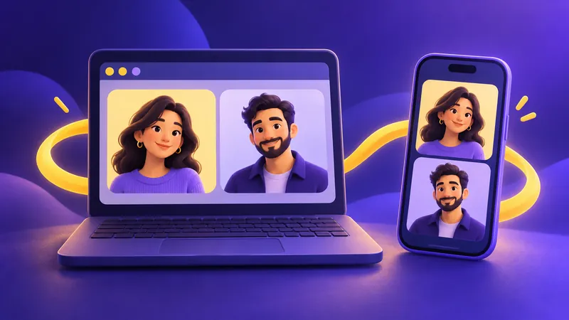 Navigateur d'ordinateur portable et téléphone avec panneaux illustrés assortis de conversations vidéo.