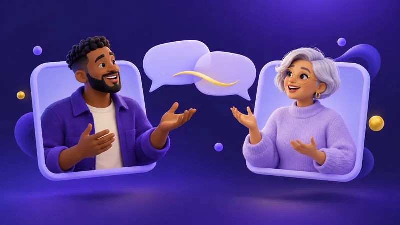 Deux adultes illustrés parlant à travers des panneaux vidéo avec des bulles de dialogue superposées.