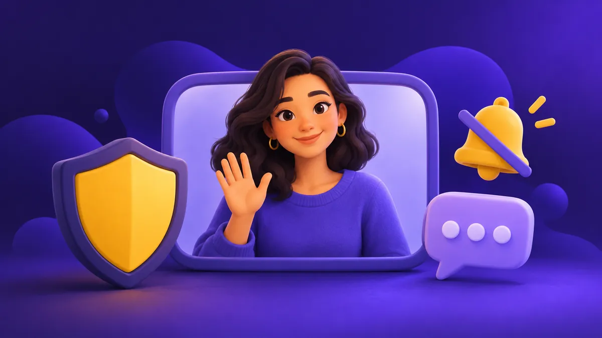 Illustrierter Erwachsener winkend neben einem Schild, einer Sprechblase und einer stummen Glocke.