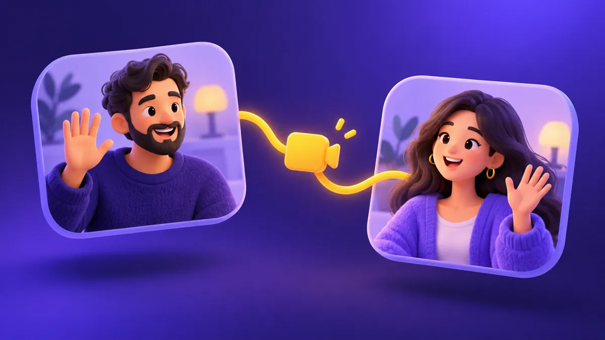 Due adulti illustrati che salutano in pannelli video separati collegati da un nastro giallo.