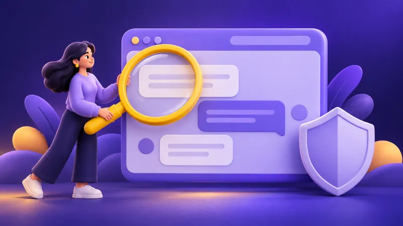 Fenêtre de navigateur illustrée, loupe et bouclier représentant l'évaluation du site web.