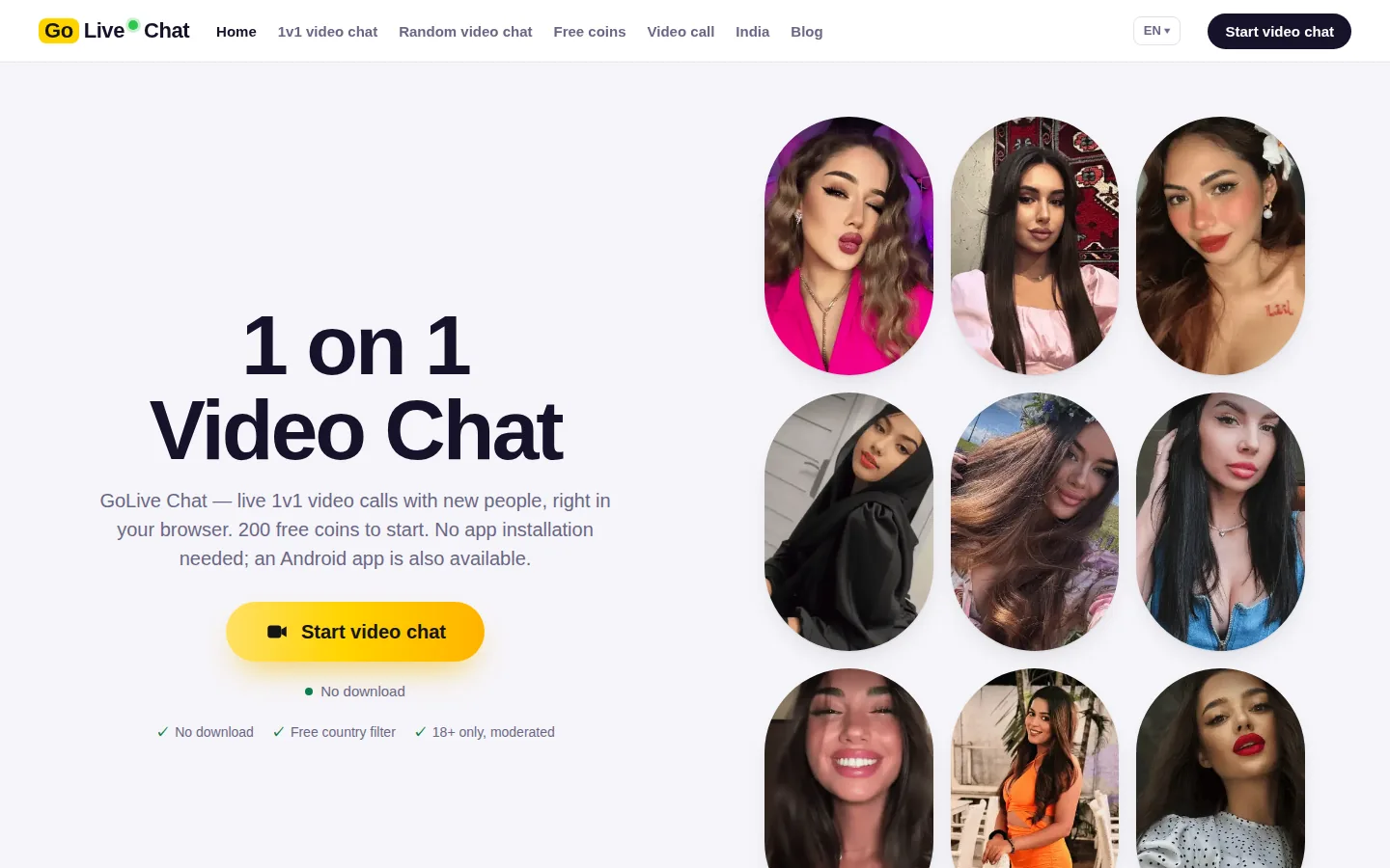 Homepage di GoLive con un'intestazione Video Chat 1 su 1, ritratti di profilo e pulsante di avvio giallo