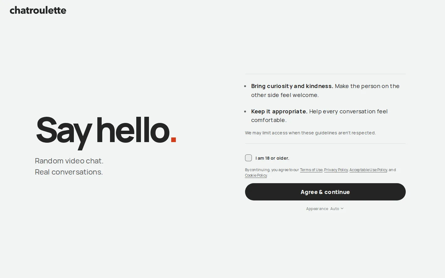 Homepage di Chatroulette con la sua introduzione Say hello e pulsante di accettazione