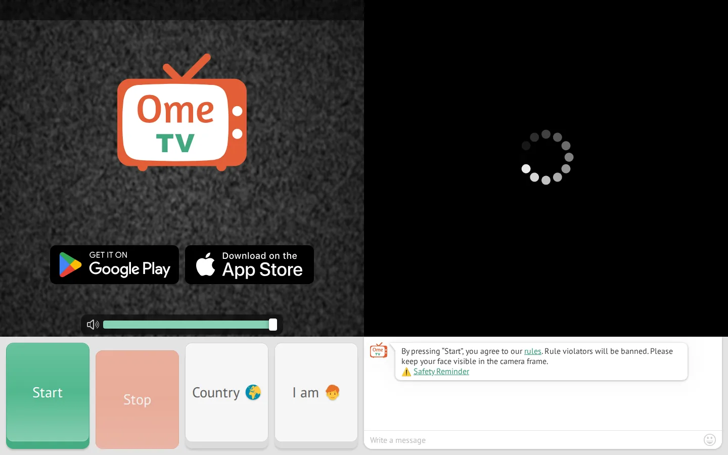 Schermo browser di OmeTV con controlli Start, Stop e Country sotto l'area video