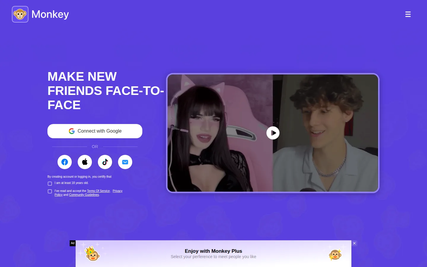 Homepage di Monkey con un pulsante per l'account Google e un'anteprima video affiancata