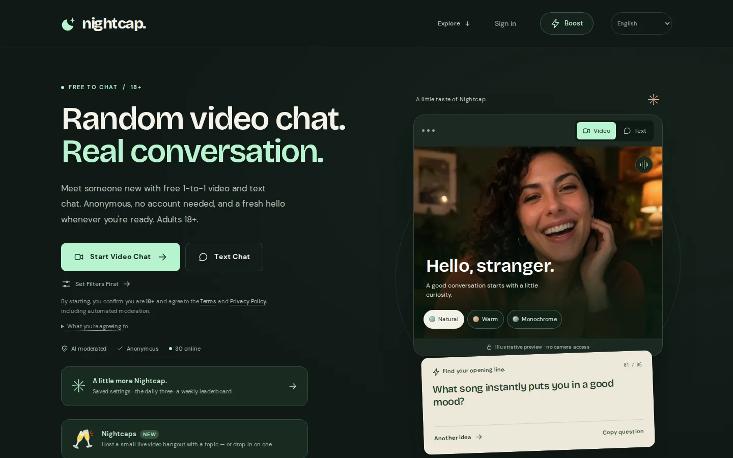 Homepage di Nightcap con opzioni di accesso video e testo accanto a un'anteprima di conversazione