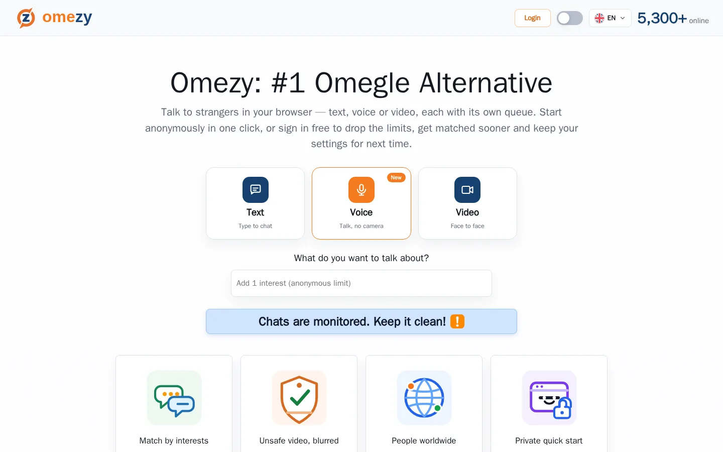 Homepage di Omezy con scelte separate Text, Video e Voice sopra l'inserimento degli interessi
