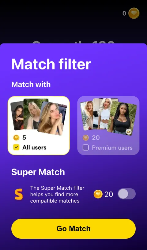 Match filter: All users for 5 coins, Premium users for 20 coins, Super Match for 20 coins